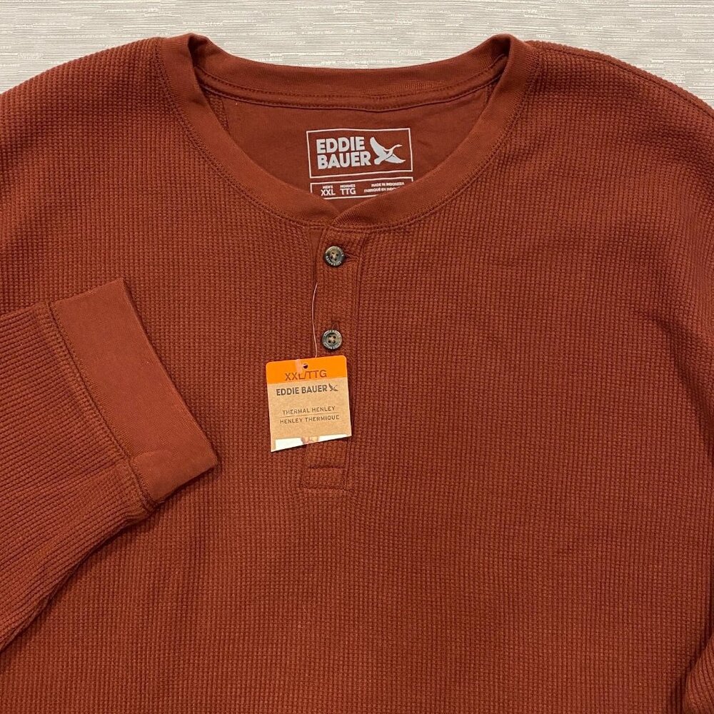 Eddie Bauer Thermal Henley Shirt Mens 2XL Rust Brown Waffle Knit Top